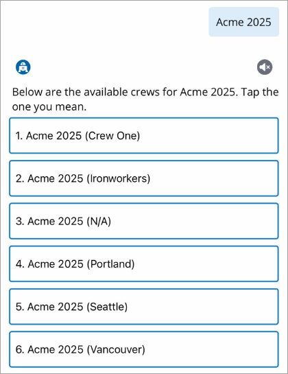 Tappable list of crews