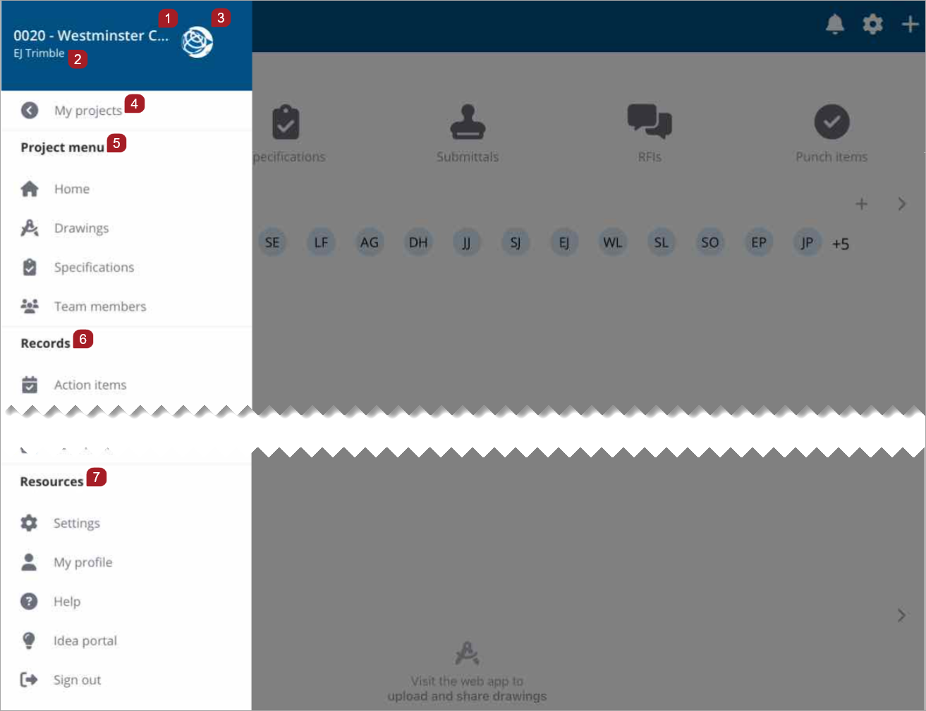 Project Menu for tablet with an open project