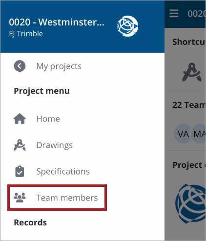 Invite a team member from the project menu