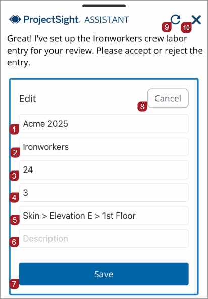 Chatbot editable Labor card