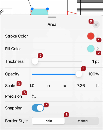 iOS Area tool style picker drawer