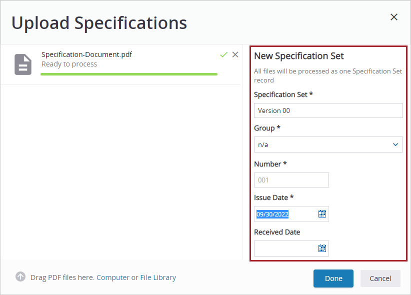 Enter specification set information