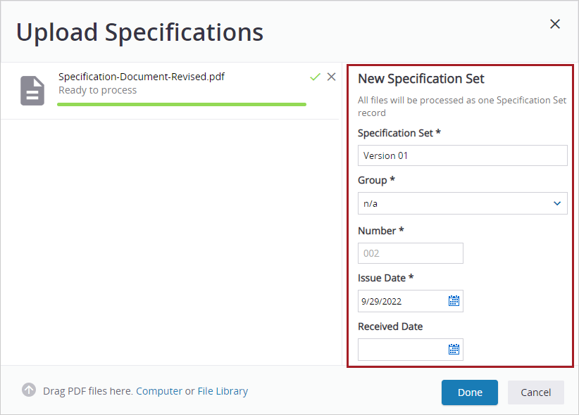 Enter specification set information