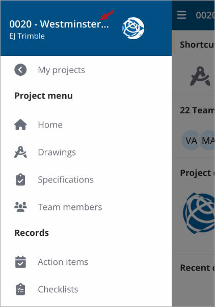 Project menu with the project number and name. 