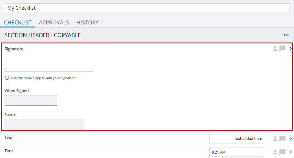 Signature item in checklist template