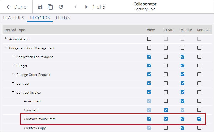 Contract invoice item permission in the Collaborator security role