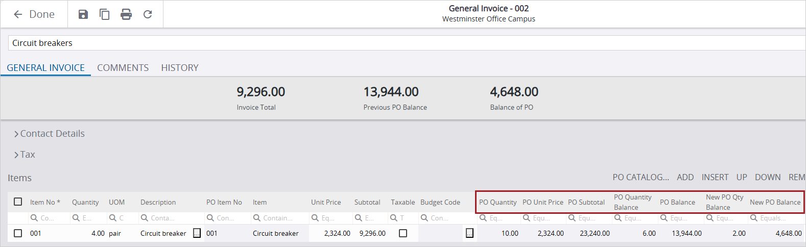 Columns related to purchase orders in a general invoice