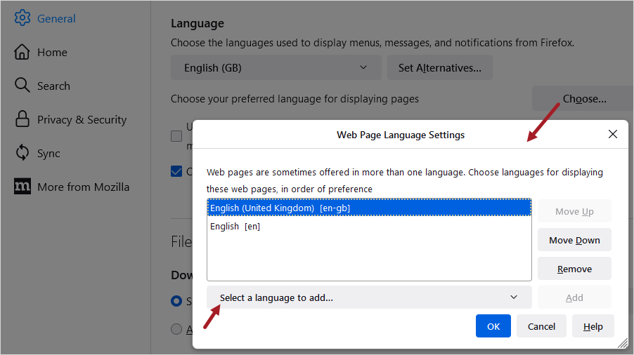 Browser language setting example