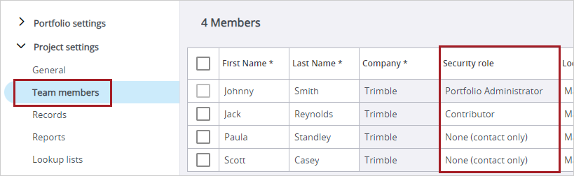 Users and contacts in the team member settings