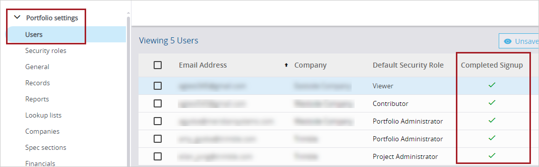 User settings to show completed sign up