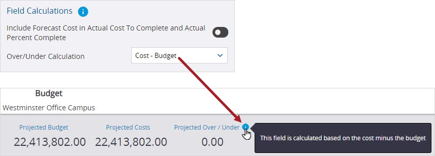 Over / under calculation tooltip in the budget