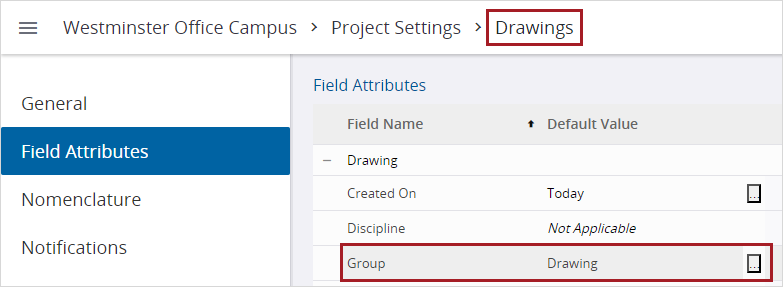 Default group for drawings in the field attributes