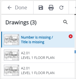 Drawing index panel shows drawing with missing number and title