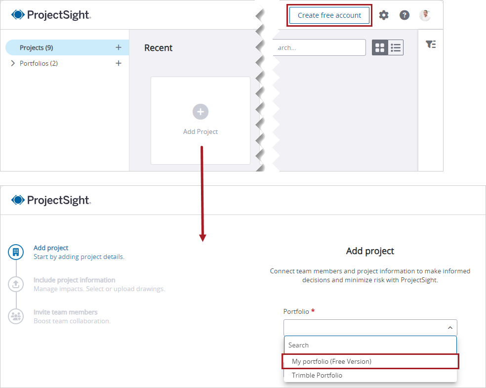 Create free account link on the project selection page and the free project option when you create a project