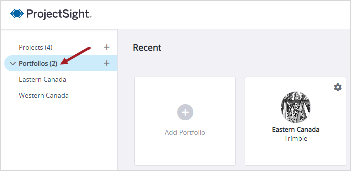 Portfolios link in the left panel of the project selection page