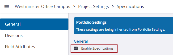 Specifications setting at the project level