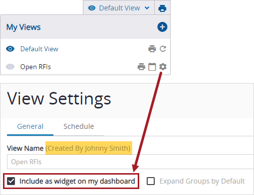 Casilla de verificación para widget de vista personalizada en el panel