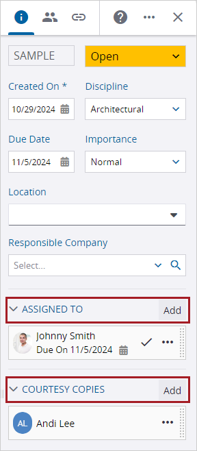 Assignments and courtesy copy sections of the Information panel