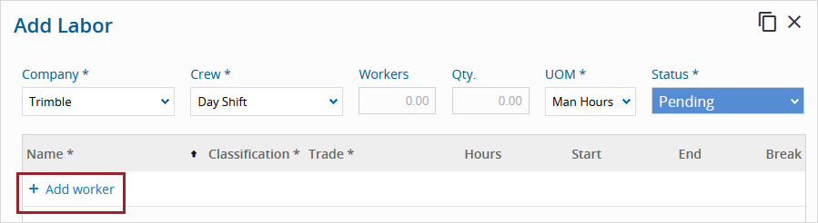 Adding workers in a detailed labor card