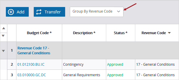 Budget codes sorted by Revenue Code column