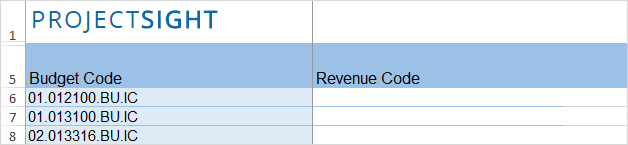 Revenue code in Excel sheet