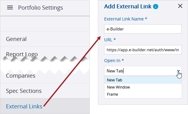 External link setting in the portfolio settings