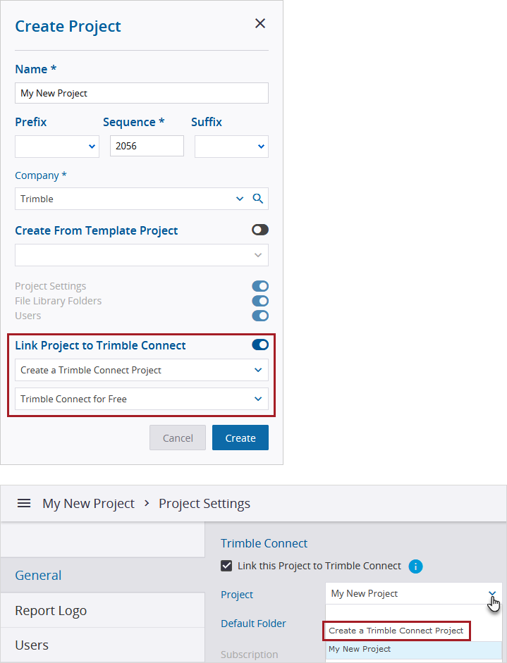 Create Trimble Project option