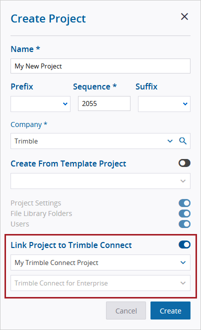 Trimble Connect fields in Create dialog