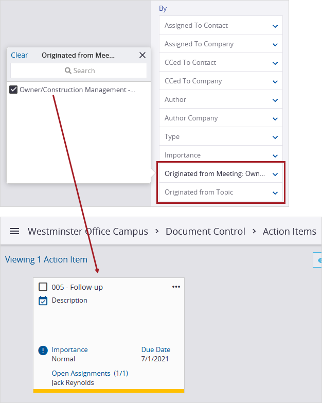 Linked action item search