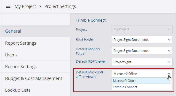 Default Microsoft Office viewer list in the project settings