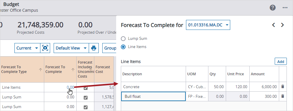 Budget forecast line items