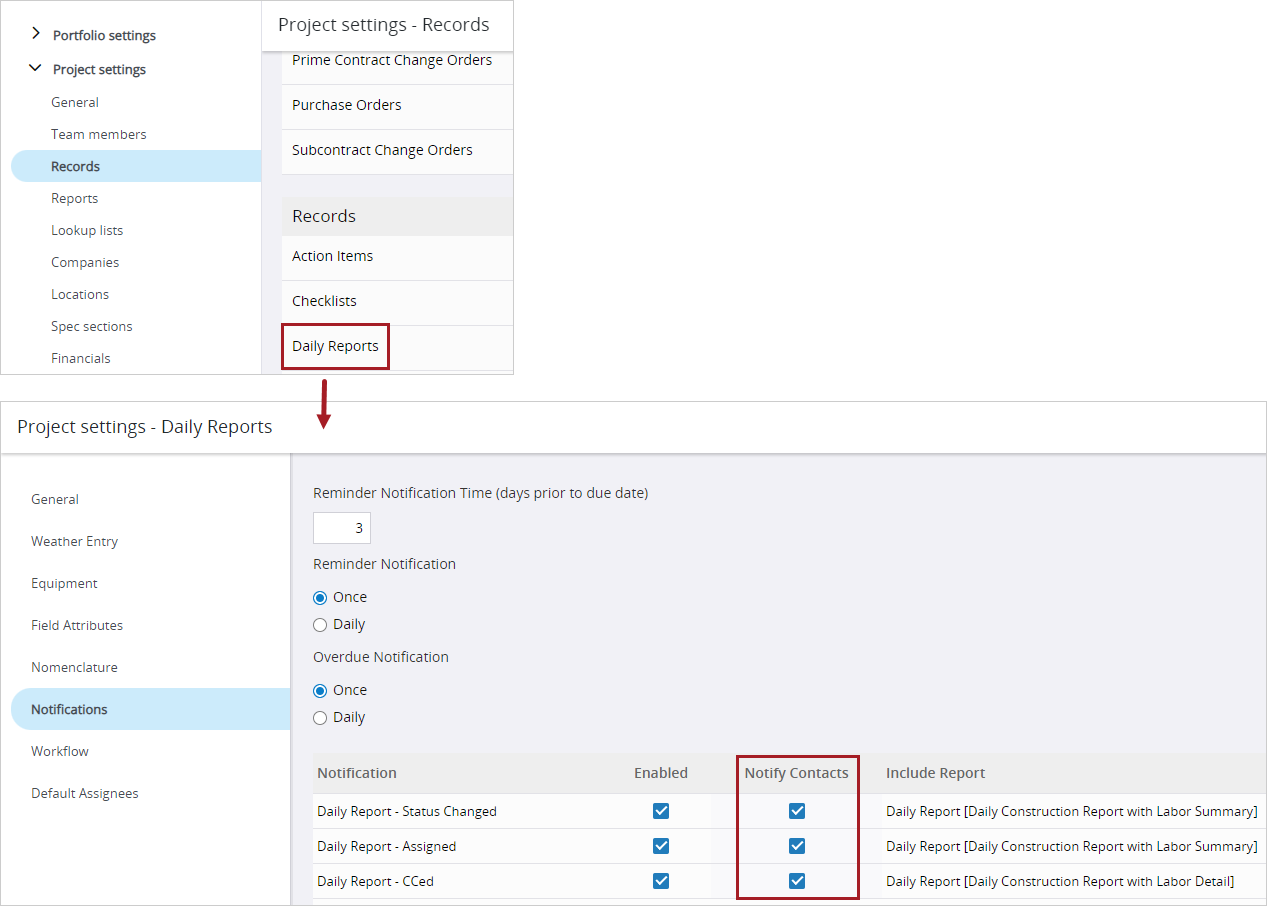 Daily report notification settings