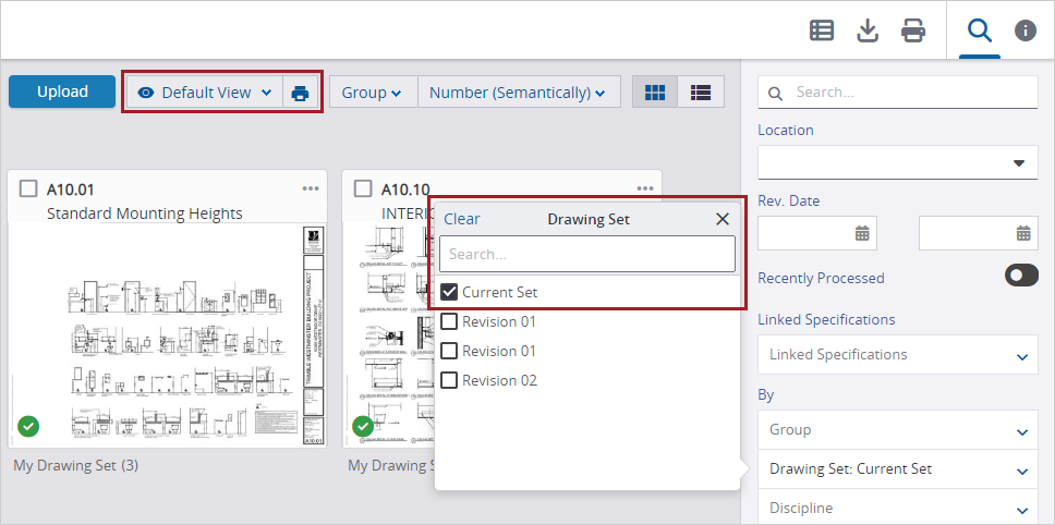 Default view shows drawings in the current drawing set