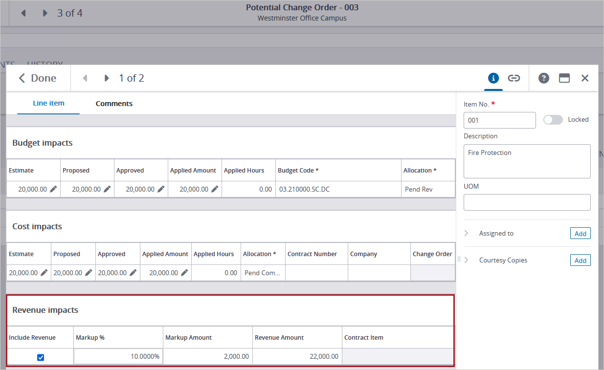 Revenue impact section for a PCO item