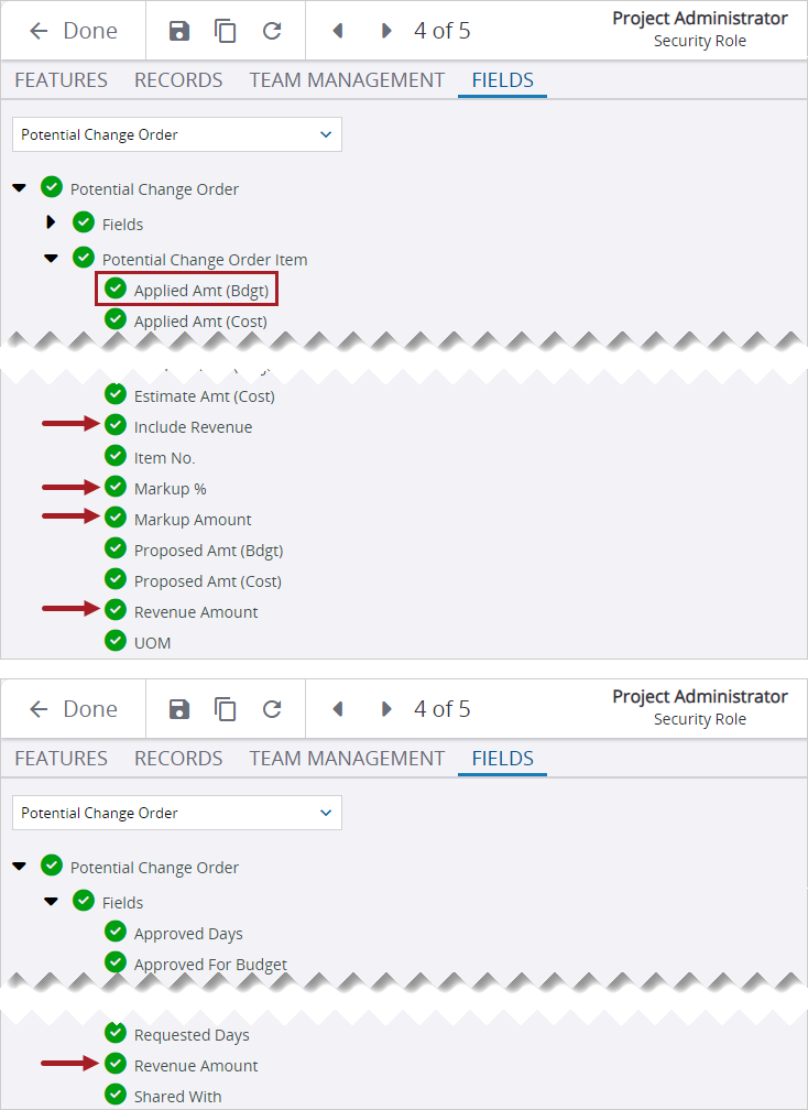 Permissions in a security role