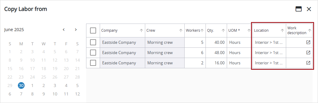 Copy Labor from dialog with location and work description columns