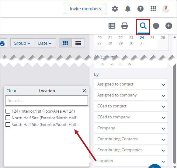 Location filter in the Search panel for daily reports