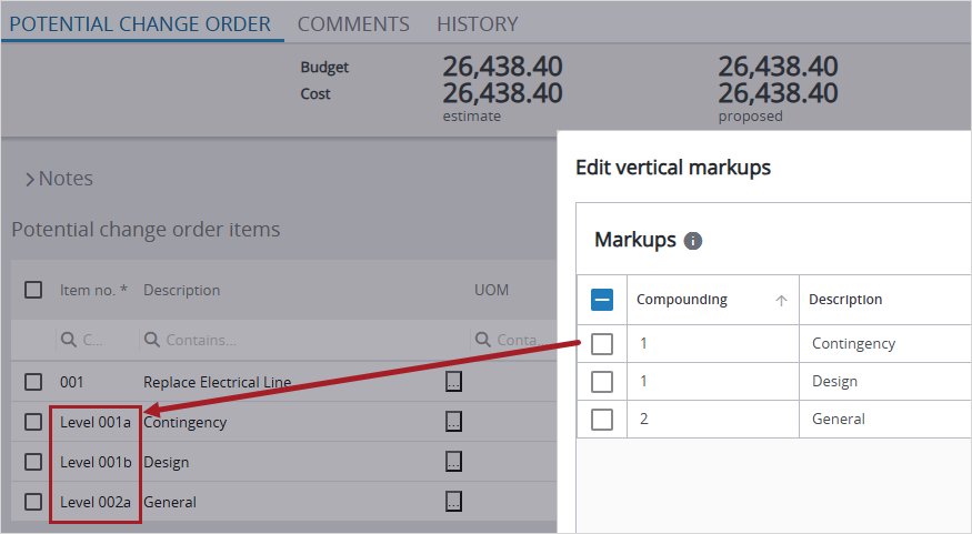 Example of vertical markup item number