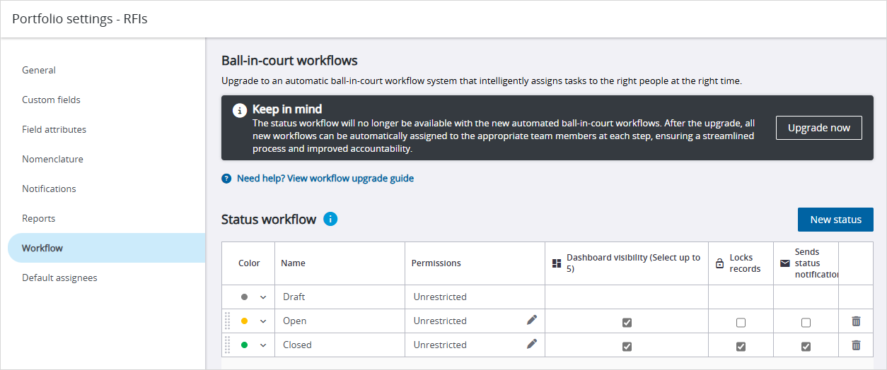 Workflow settings for RFIs module