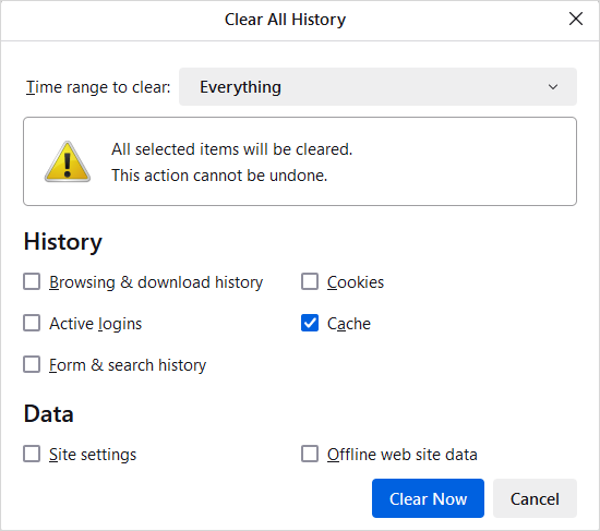 Clear cache dialog