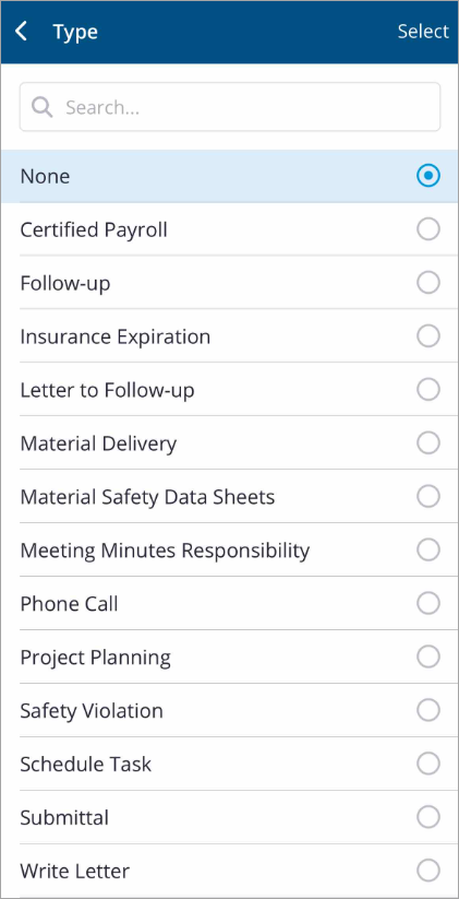 Example of new Type field search functionality and larger view