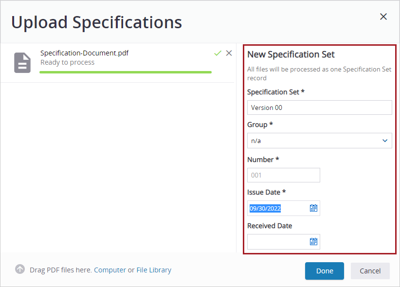 Ingresar información para conjunto de especificaciones