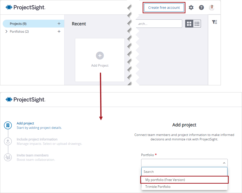 Gratis account aanmaken koppeling op project selectiepagina en gratis project optie wanneer u een project aanmaakt