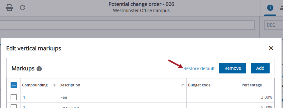 Restore default link for vertical markups in a PCO